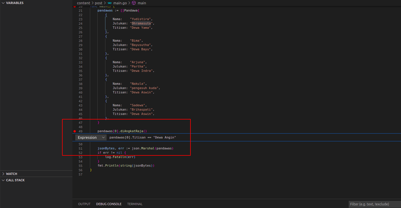 edit breakpoint expression pada vscode