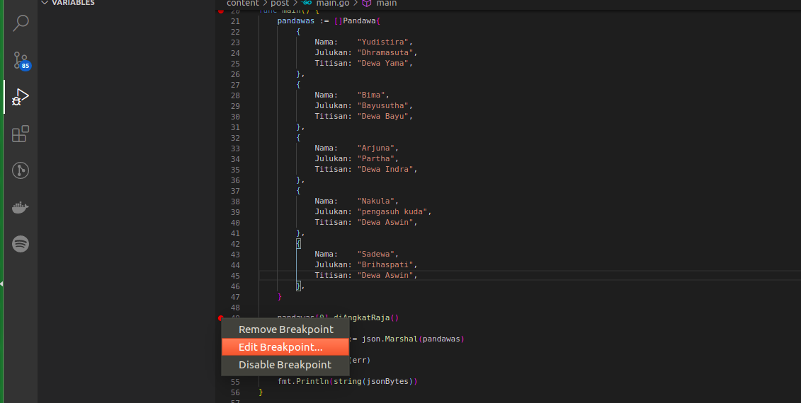 edit breakpoint pada vscode