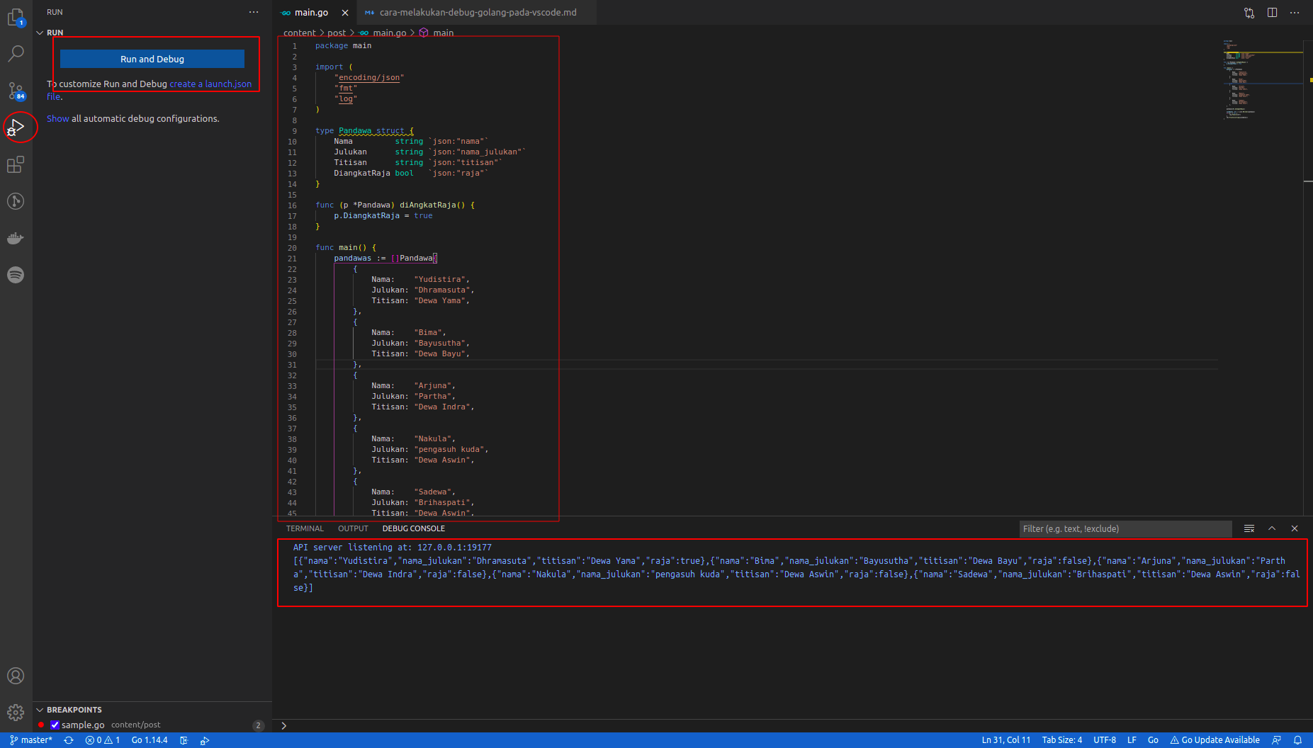 running debugger ing golang