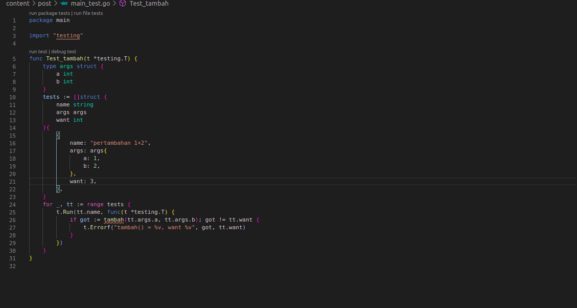 run test dan debug test in vscode