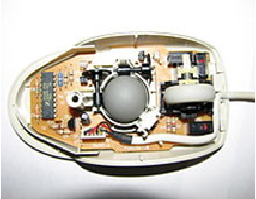 Top view of a ball mouse with two buttons and a scroll wheel between them Top view of a ball mouse with two buttons and a scroll wheel between them