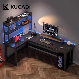 KUCADI Meja Gaming Pola Fiber Karbon Bentuk L dengan Rak Susun