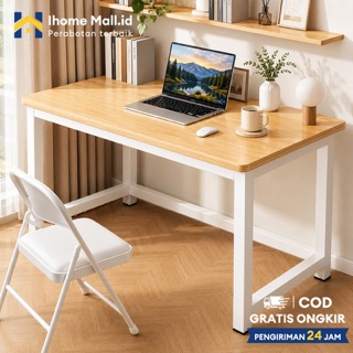 Meja Kerja Minimalis 120x60cm Top Kayu Rangka Besi Putih