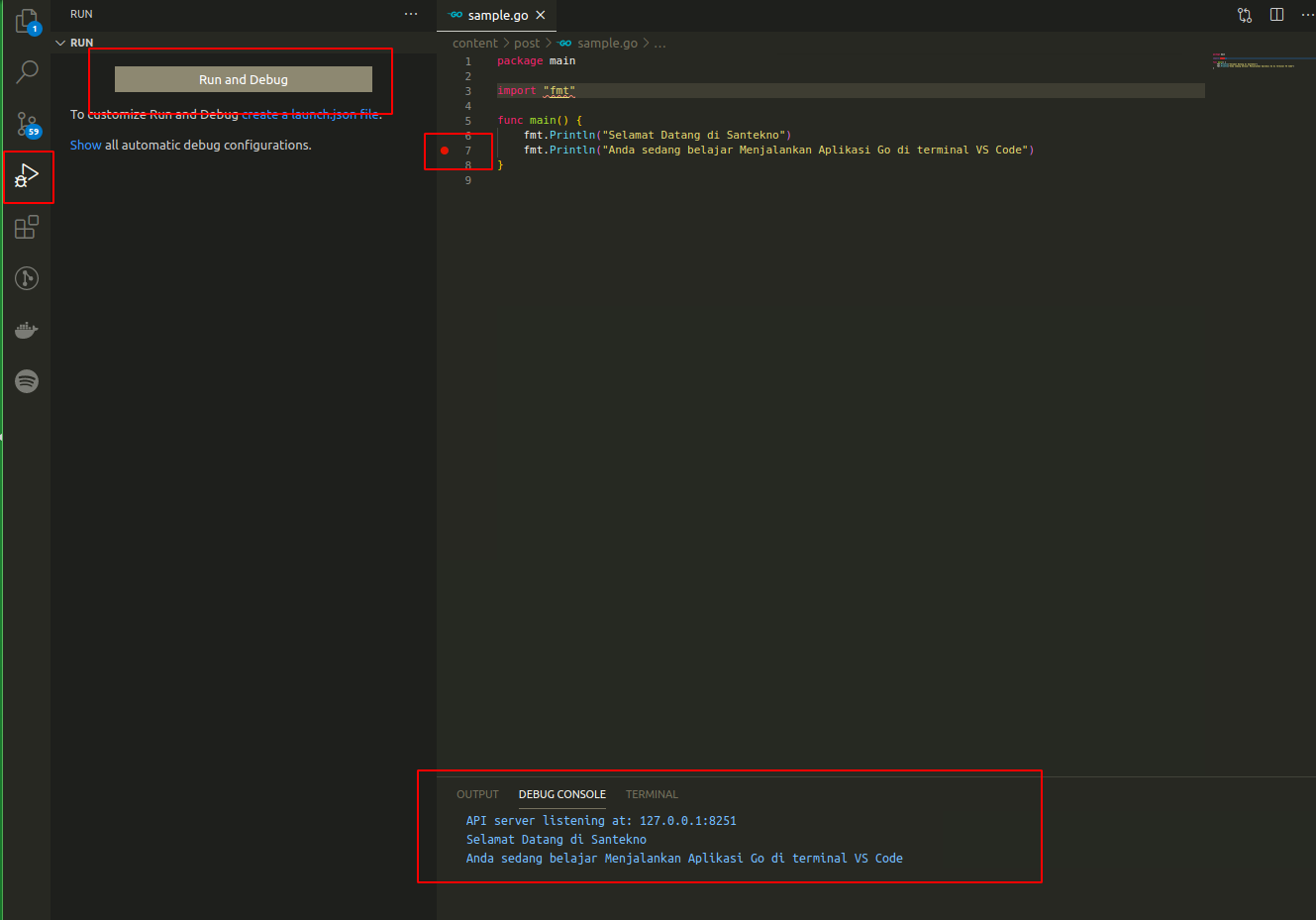 menjalankan dan debugger golang
